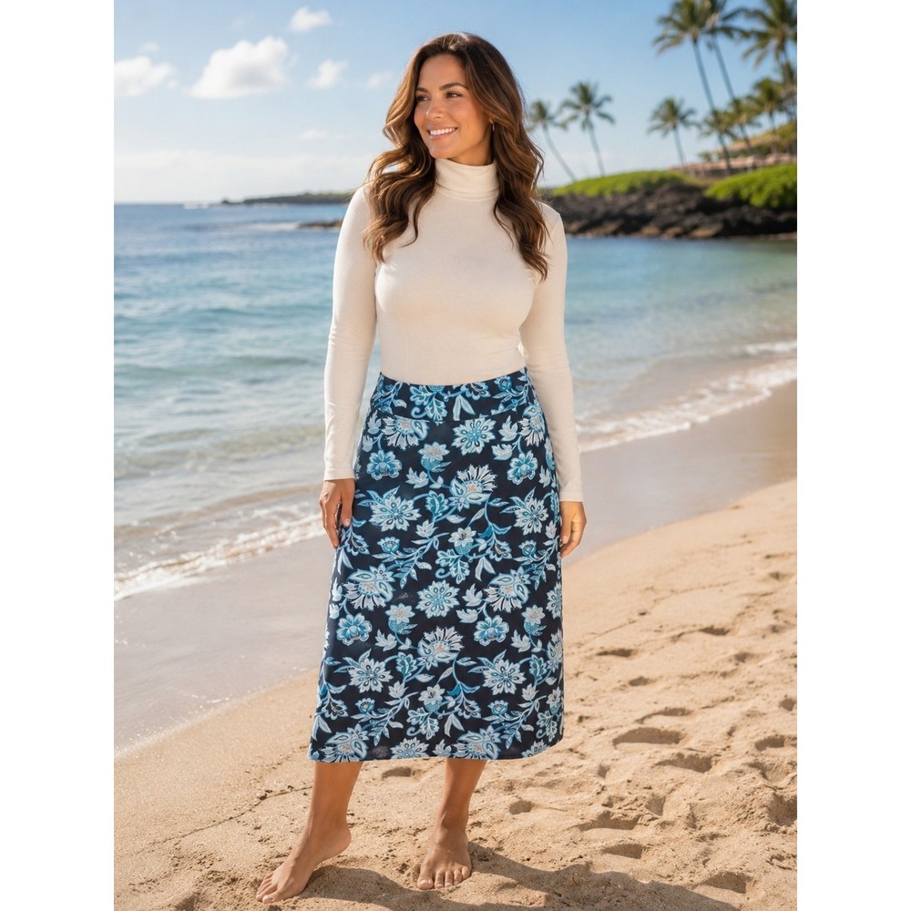 ANN TAYLOR Women's Black With Blue Teal And Tan Flowers Skirt Size XL -887